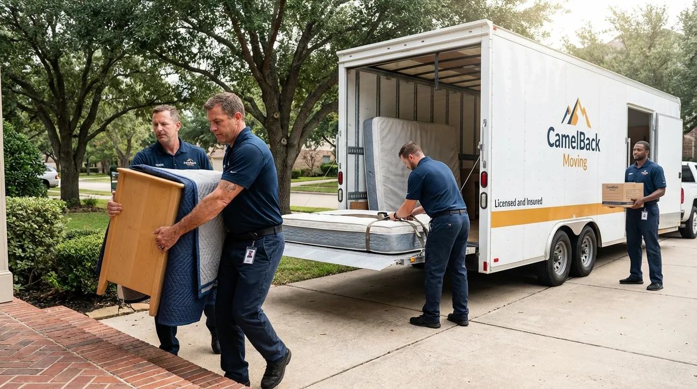 Crew loading residential truck for cross-state move from Seminole, OK
