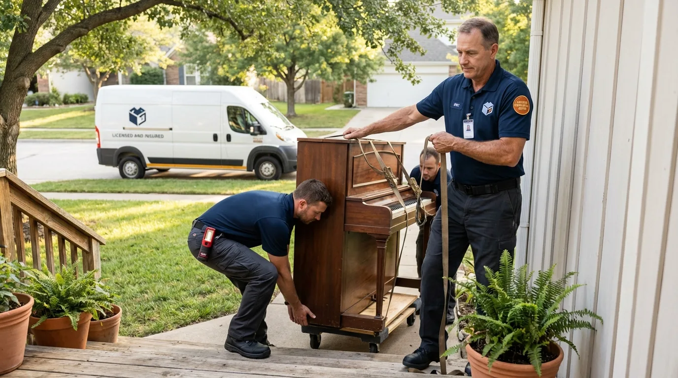 Licensed piano movers securing grand piano in Seminole, OK