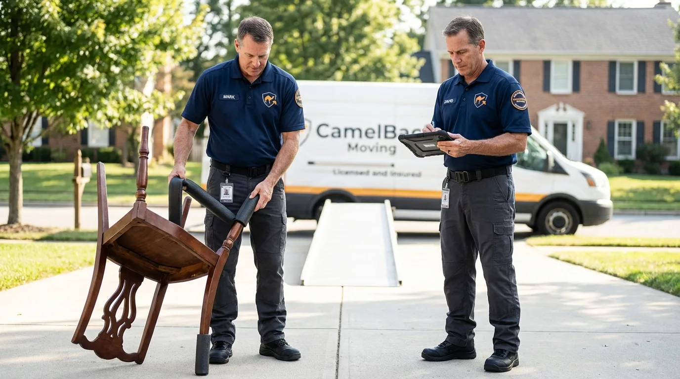 Movers inspecting furniture for damage prevention before loading in Seminole, OK