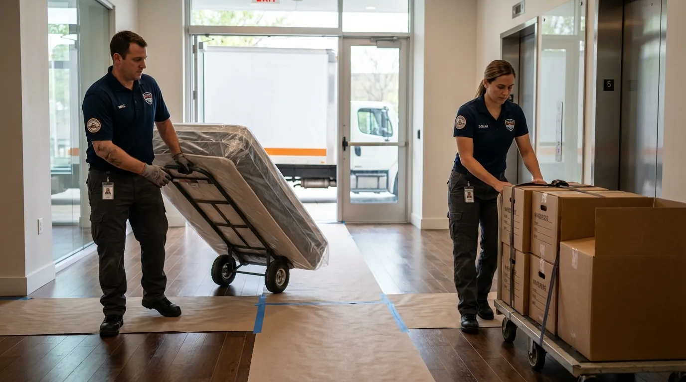 Professional apartment movers loading elevator in Seminole, OK