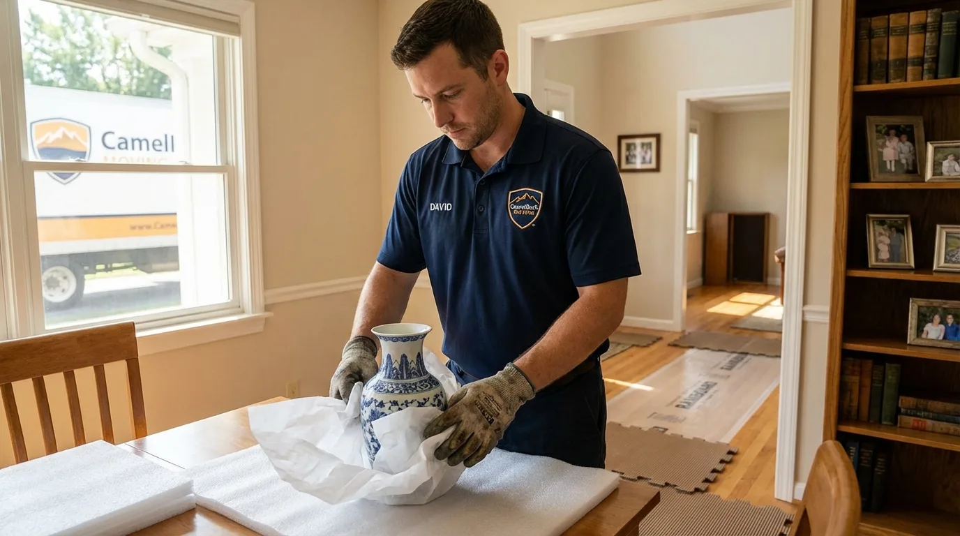 Professional crew carefully wrapping antique vase for senior downsizing move in Seminole, OK
